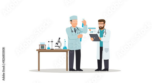 Scientists in Laboratory with Medical Equipment, Flasks, and Test Tubes, Conducting Research, Flat Design Illustration