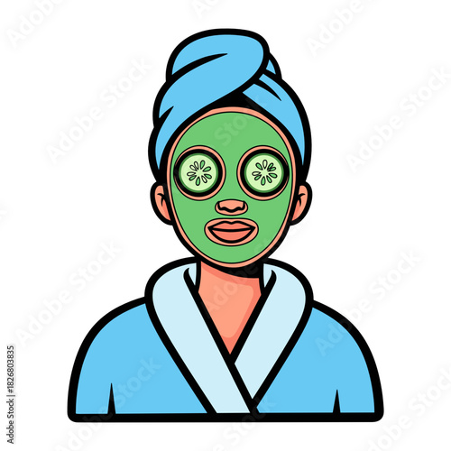 Woman enjoying self care with cucumber mask and towel at home  