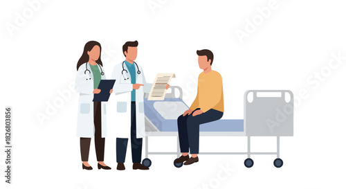 Healthcare professionals with patient in a hospital room, medical consultation, and check-up illustration, flat 2D vector art for medical services