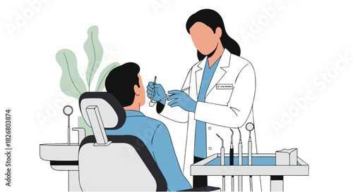 A dental professional examining a patient's teeth in a clinic using dental instruments, presented in a flat 2D illustration style