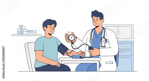 Medical examination, doctor checks patient's blood pressure, health checkup and diagnostics, flat 2d illustration