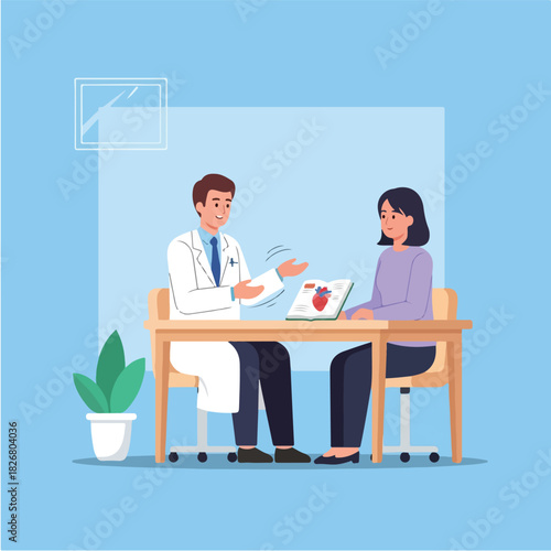 Doctor discussing medical information with a patient in a consultation room, illustrating a heart diagram for understanding