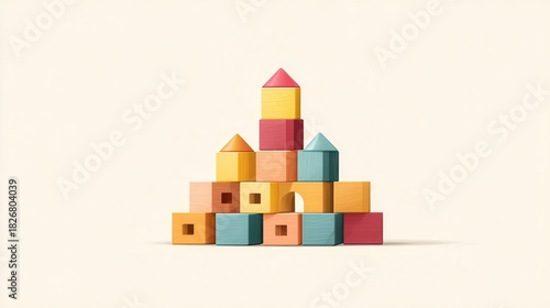 A collection of colorful wooden building blocks arranged in various shapes and sizes. Perfect for children's play and educational purposes.