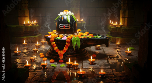 Black Shiva Lingam adorned with marigold flowers and burning oil lamps in a spiritual temple setting
