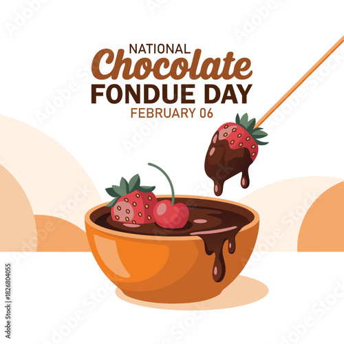 National Chocolate Fondue Day to celebrate on February 5th. One bowl contains liquid chocolate, strawberries and cherries on white background. Food event banner.
