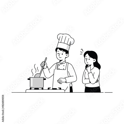 A Chef teaching a student how to cook on a stovetop with a pot and utensils, showing a caring and educational moment in a culinary setting