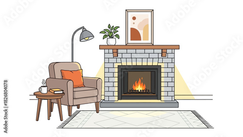 Cozy living room interior with a warm brick fireplace and armchair illustration.