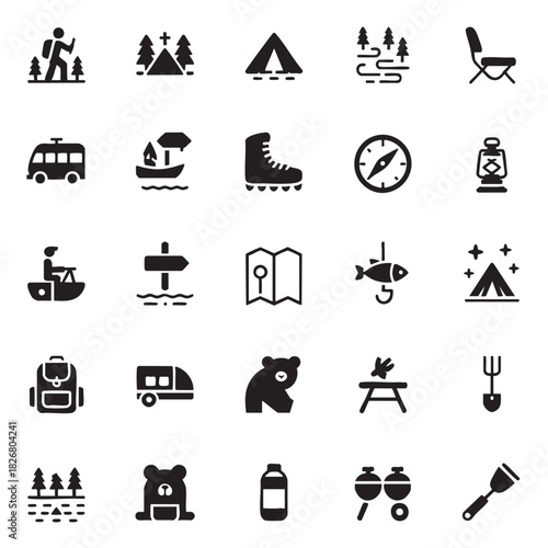 Collection of black icons representing outdoor activities and camping hiking nature