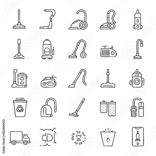 Collection of black line art icons for vacuum cleaners and cleaning appliance household