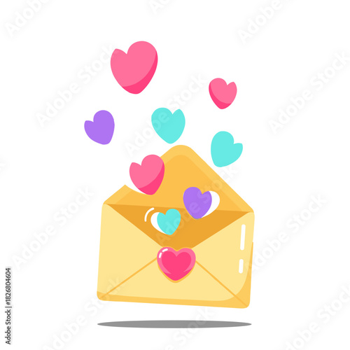 Colorful heart shapes emerging from an open envelope, symbol of love and affection for romantic and festive occasions