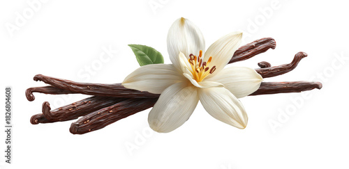 A vanilla flower and beans on a black background