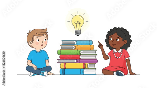 Diverse children sharing a bright idea from reading a stack of books.