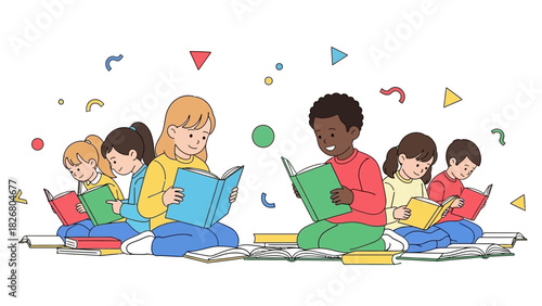 Diverse group of children engrossed in reading books together.