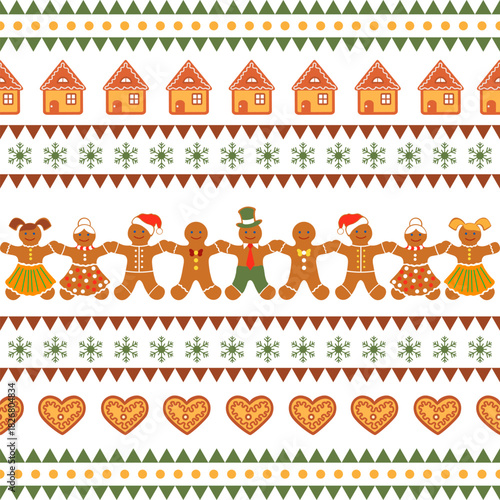 Christmas gingerbread man pattern with festive elements, ideal for holiday backgrounds