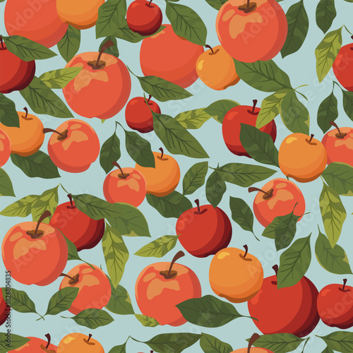 Seamless pattern with red and orange apples and green leaves on light blue background