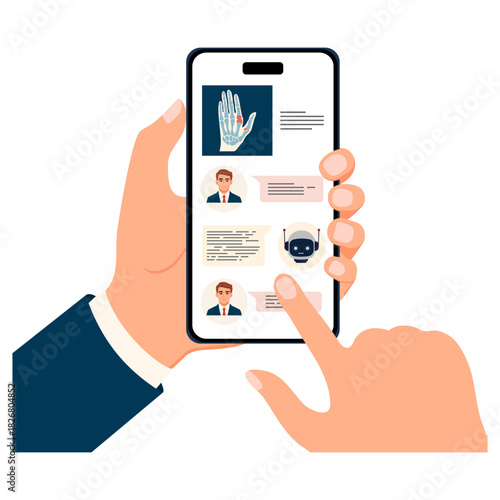 Person using smartphone for text messaging with chatbot and medical info displayed on screen
