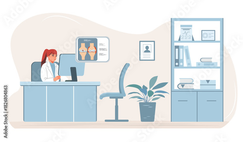 Doctor in office using computer at desk with anatomical poster on wall in medical background