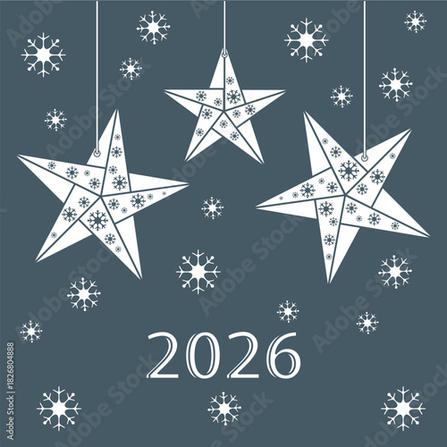 Hanging stars with snowflake patterns and 2026 on a dark background for New Year design