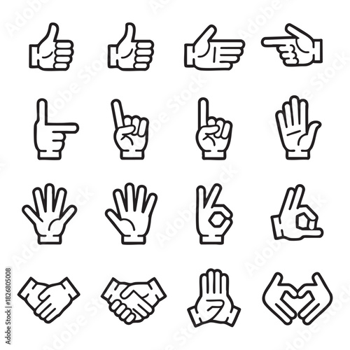 Collection of black outline hand gesture icons on white background symbol