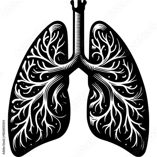 Anatomical Symphony: A detailed illustration of the human lungs and bronchial tree in black and white, highlighting the intricate beauty of the respiratory system.