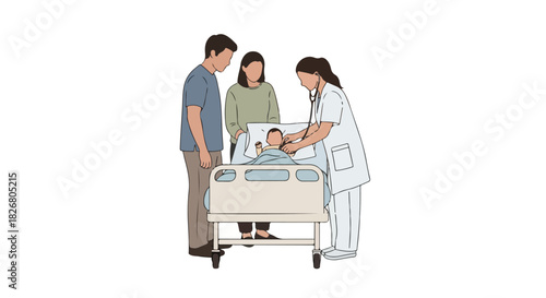 A nurse examines a young child in a hospital bed while the child's parents stand close by, showing medical care and parental support in a flat, 2D illustration