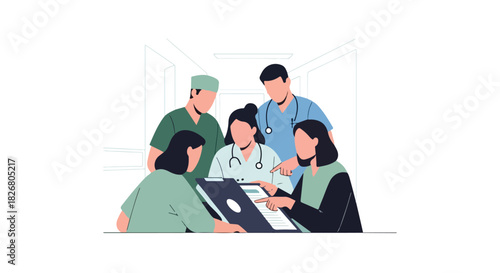 A diverse group of medical professionals, including doctors and nurses, collaborating and discussing patient care around a table with a clipboard, depicted in a modern flat 2D illustration style