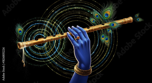 Lord Krishna Blue Hands Playing Golden Flute with Peacock Feathers and Neon Swirls