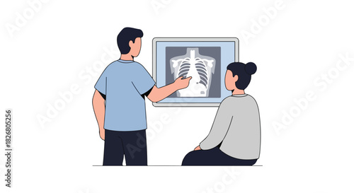Doctor shows X-ray of patient's lungs on screen, diagnostic medical imaging, illustration of healthcare and diagnosis