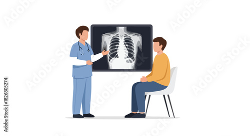 Doctor shows a chest x-ray to a patient, symbolizing medical examination, healthcare consultation, and diagnostic imaging in a flat 2D illustration style