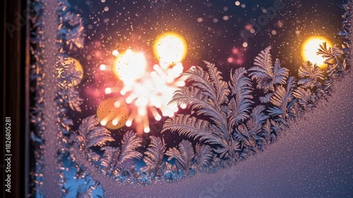 Captivating frozen window pattern with bokeh lights and radiant fireworks display