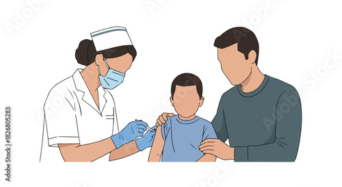 Illustration of a healthcare professional administering a vaccine to a child with a parent present, representing vaccination and healthcare