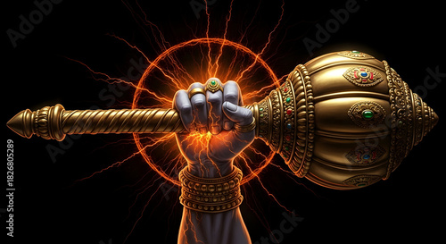 Blue Hand Holding Golden Gada Mace Weapon with Lightning Energy Background
