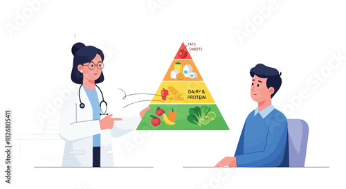 Medical professional advising a patient on healthy eating pyramid, a visual guide to balanced nutrition and dietary choices for a healthy lifestyle and well-being
