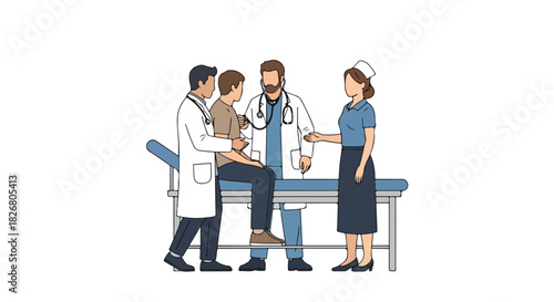 Flat 2D illustration of a patient undergoing a medical examination with two doctors and a nurse, representing healthcare and medical check-ups in a clean, modern style