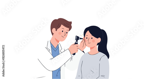 Doctor examines a patient's ear with an otoscope, illustrating a medical checkup and healthcare services in a simple flat-2d-image-70