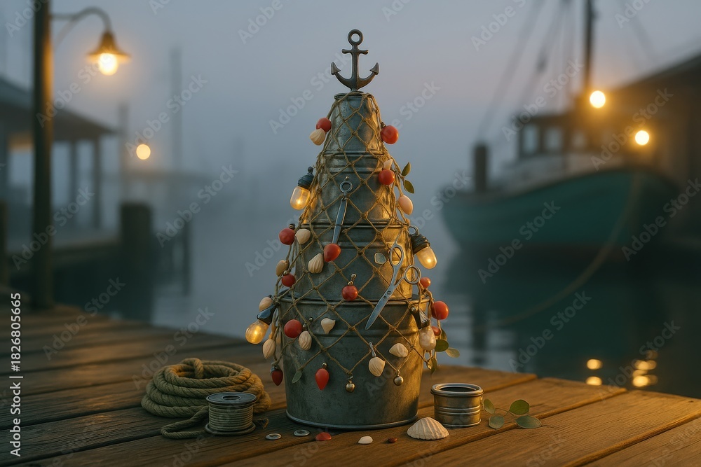 Fototapeta premium A Coastal Christmas Tree Decorated with Shells, Lights, and Nautical Elements, Set Against a Foggy Harbor Background for a Festive Maritime Vibe
