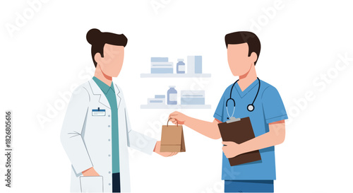 Two medical professionals, a doctor and a nurse, are depicted in a flat 2D illustration, exchanging a paper bag, possibly medication, in a healthcare setting