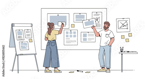 Two diverse professionals plan a project on a whiteboard, showcasing collaboration and a strategic approach to achieving business goals