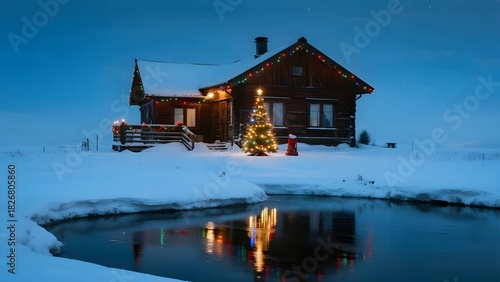 Cozy wooden cabin with christmas tree and lights in snowy landscape