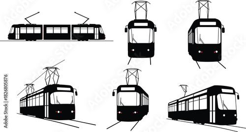 Cad drawing flat vector illustration of city tram, modern streetcar, urban transportation, railway vehicle, front and side view silhouettes, electric transit system