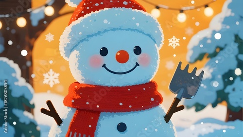 Cute snowman wearing a santa hat and red scarf in a snowy winter scene