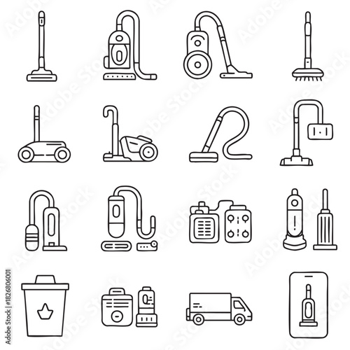 Collection of line art icons depicting various vacuum cleaners and cleaning related items