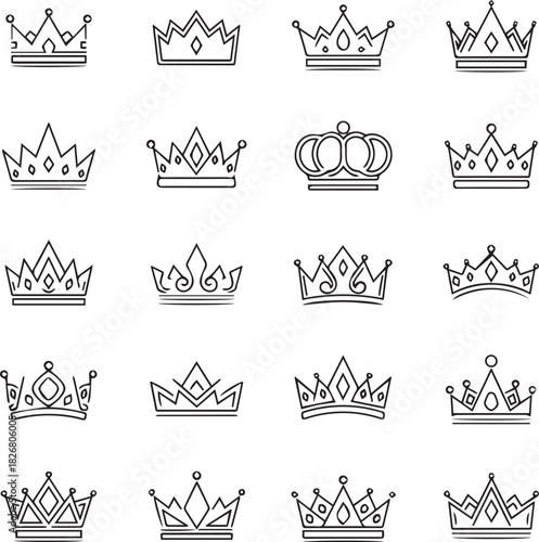 Create Abstract minimal thin line crown icon set - Editable Stroke on white background. 