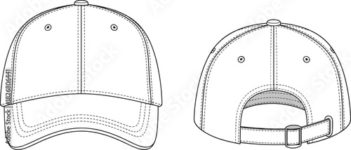 Baseball cap technical drawing, vector illustration featuring front and back views, curved visor, strap back closure, and six panel construction for headwear design templates.