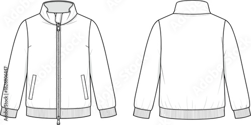 Men's casual bomber jacket technical drawing, vector illustration featuring front and back views, zipper closure, ribbed hem, and welt pockets for design template.