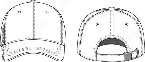 Six panel baseball cap technical drawing, vector illustration featuring metal buckle closure, front and back views, curved visor for headwear design templates.