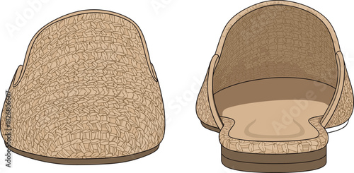 Vector illustration of textured woven mules, front and back view, beige summer footwear, technical fashion sketch, flat shoe design, isolated slip-on slippers.