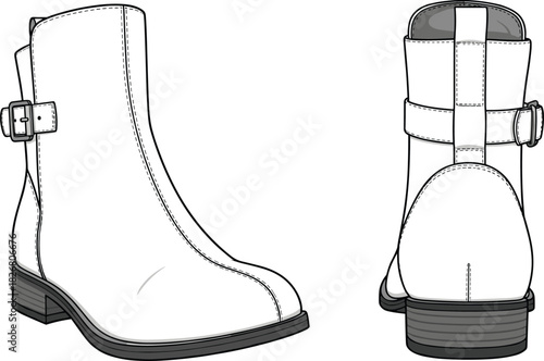 Vector illustration of white ankle boots with buckle, side and back view, fashion technical drawing, isolated footwear sketch, trendy leather shoes design.