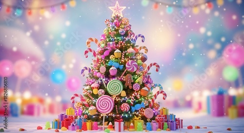 Wallpaper Mural Festive Christmas tree adorned with candy presents around the base and colorful lights in the background Torontodigital.ca