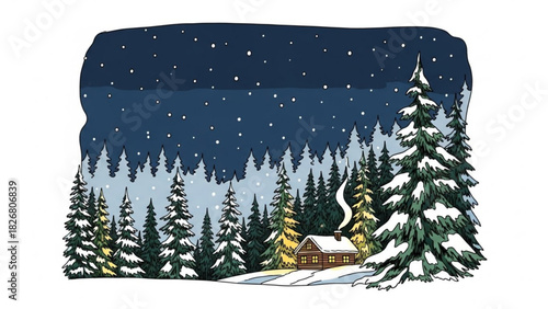 Cozy winter cabin scene with snow-covered trees and starry night sky, perfect for holiday cards, winter promotions, and seasonal designs with charming appeal
